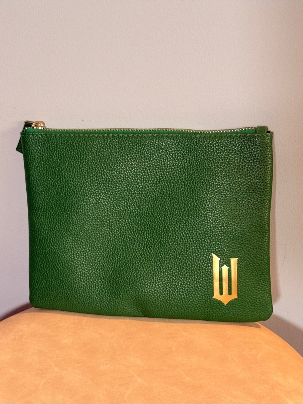Wicked Green Leather Zip Pouch with Gold Logo